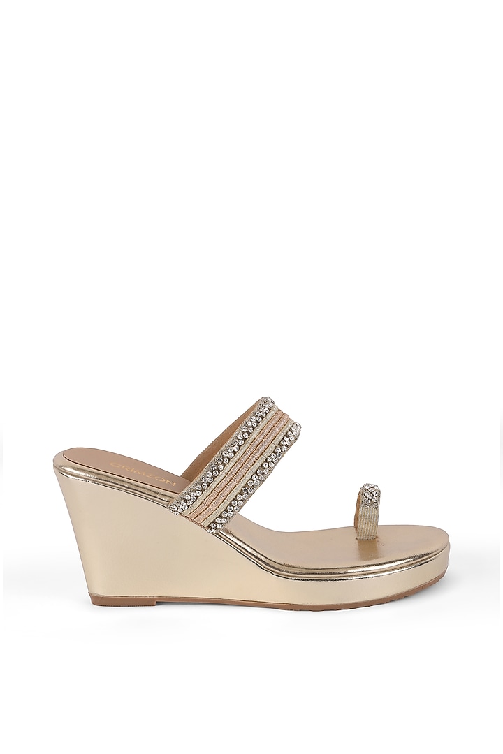 Gold Faux Leather Embellished Kolhapuri Wedges by Crimzon at Pernia's Pop Up Shop