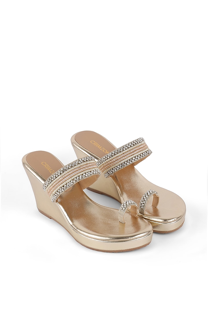 Gold Faux Leather Embellished Kolhapuri Wedges by Crimzon at Pernia's Pop Up Shop