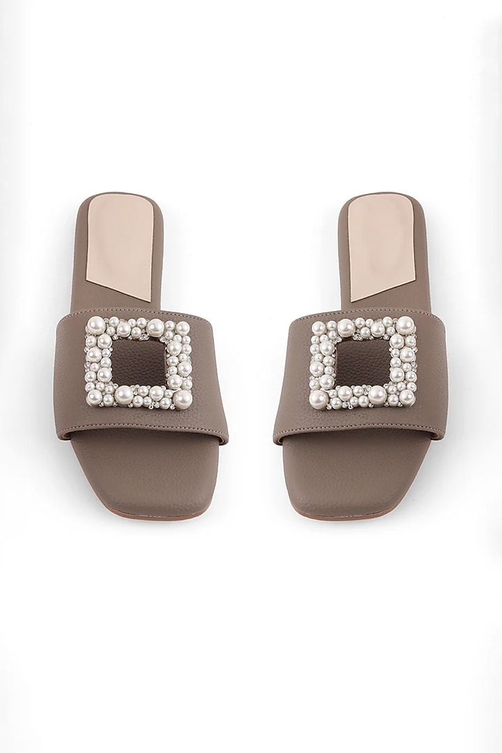 Taupe Faux Leather Embellished Flats by Crimzon at Pernia's Pop Up Shop