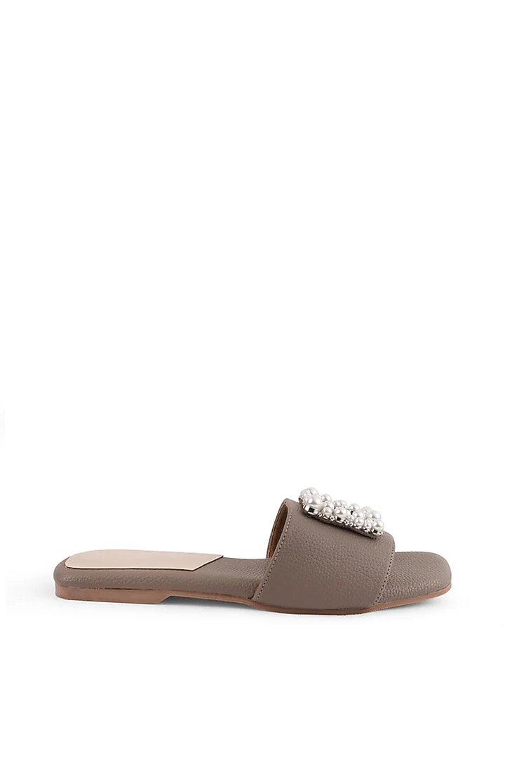 Taupe Faux Leather Embellished Flats by Crimzon at Pernia's Pop Up Shop