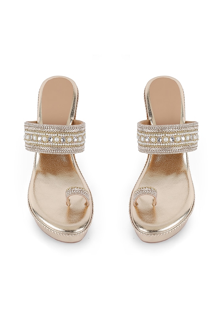 Gold Faux Leather Embellished Kolhapuri Wedges by Crimzon at Pernia's Pop Up Shop