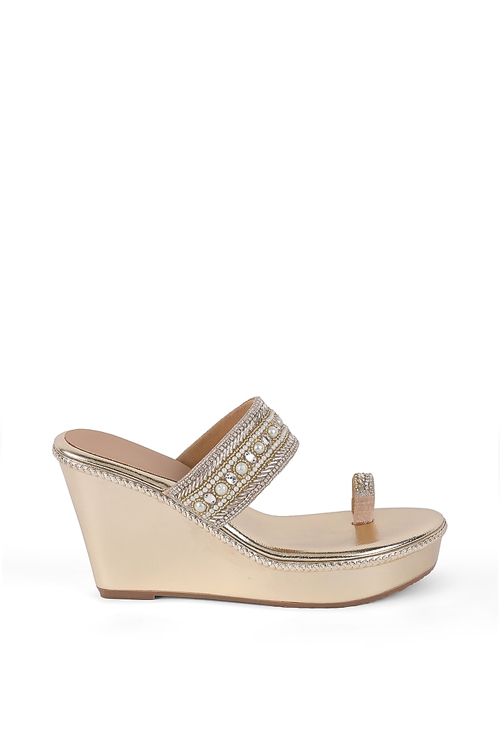 Gold Faux Leather Embellished Kolhapuri Wedges by Crimzon at Pernia's Pop Up Shop