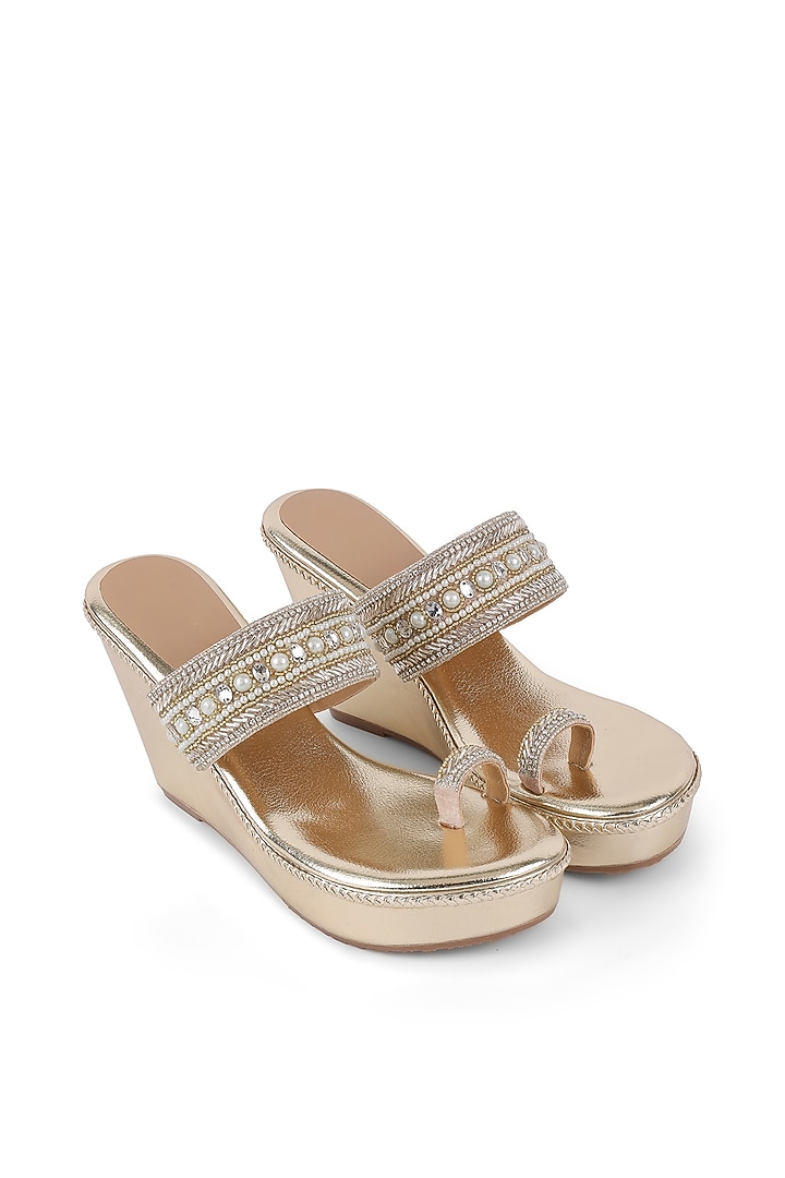 Gold Faux Leather Embellished Kolhapuri Wedges by Crimzon at Pernia's Pop Up Shop