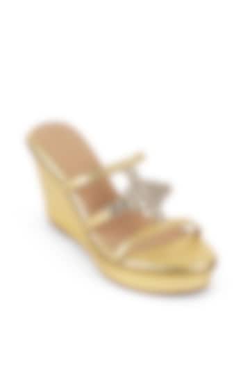 Gold Faux Leather Embroidered Wedges by Crimzon at Pernia's Pop Up Shop
