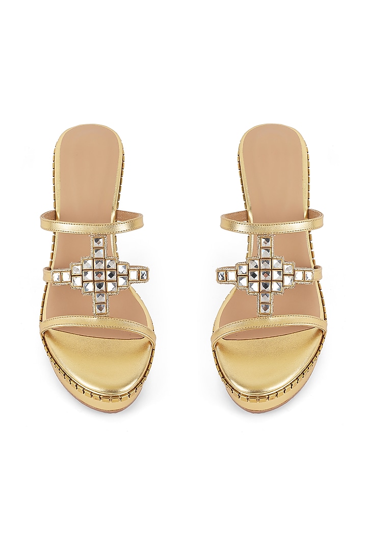 Gold Faux Leather Embroidered Wedges by Crimzon at Pernia's Pop Up Shop
