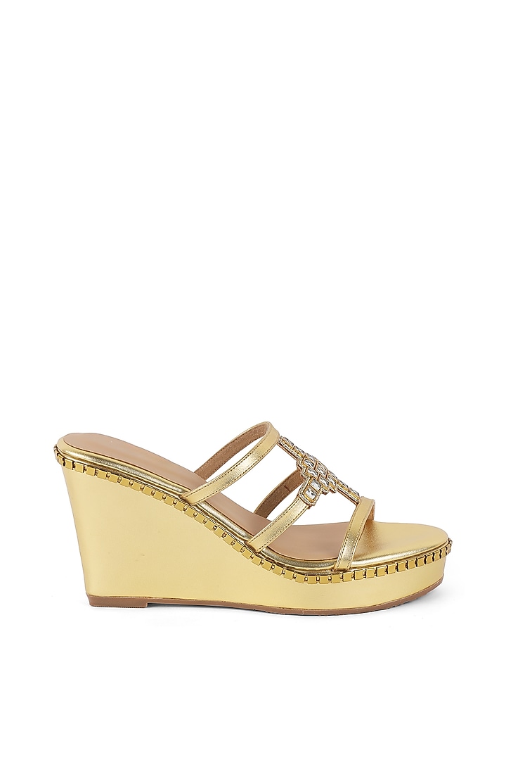 Gold Faux Leather Embroidered Wedges by Crimzon at Pernia's Pop Up Shop