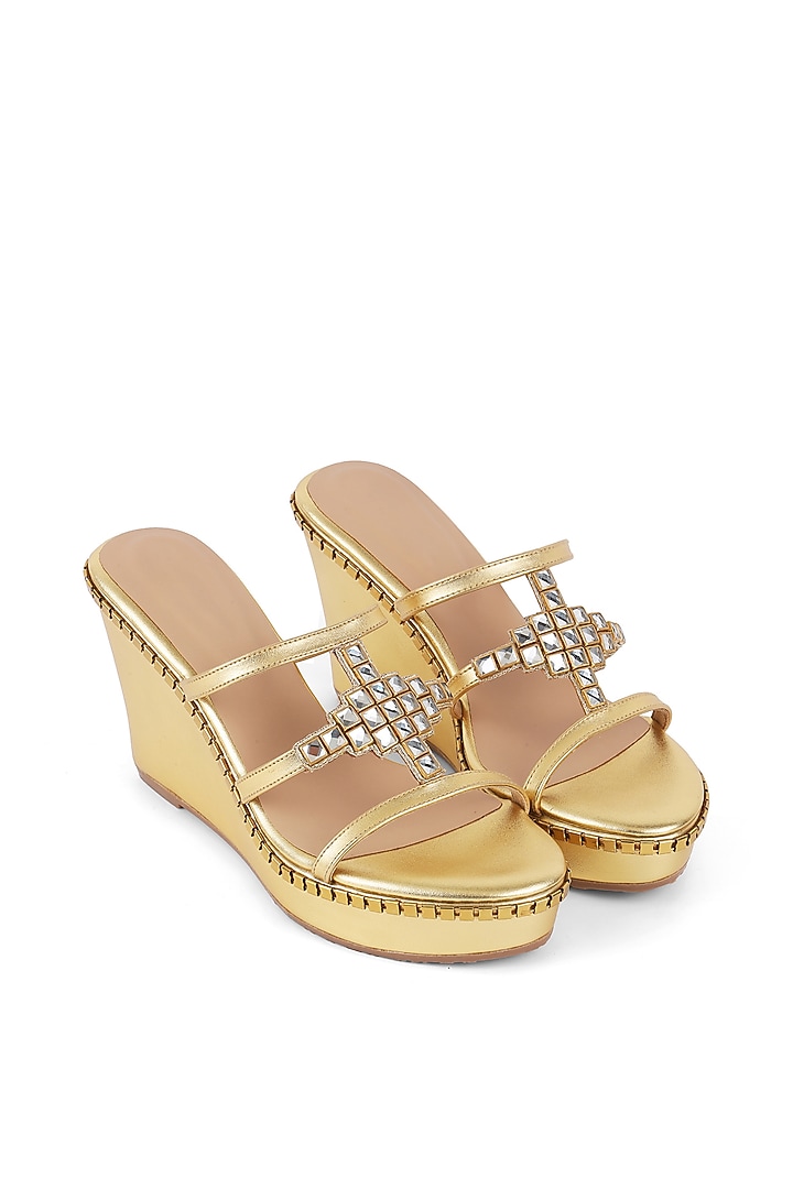 Gold Faux Leather Embroidered Wedges by Crimzon at Pernia's Pop Up Shop
