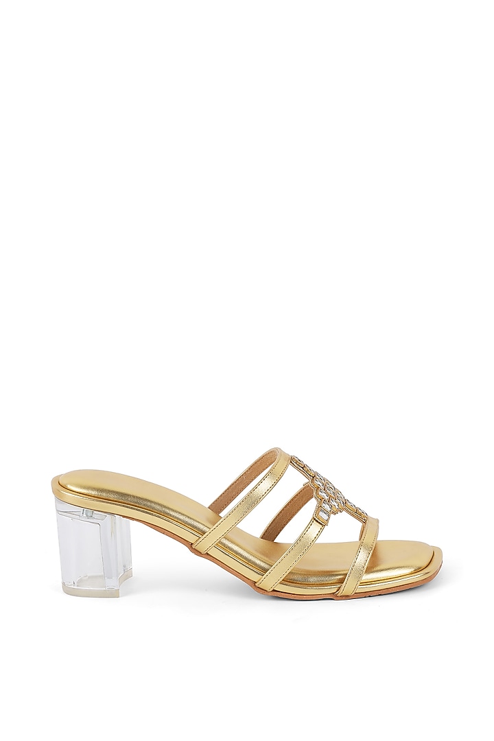 Gold Faux Leather Embroidered Block Heels by Crimzon at Pernia's Pop Up Shop