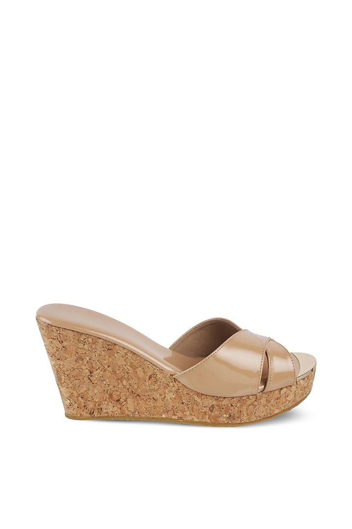 Beige Faux Leather Slip-On Wedges by Crimzon at Pernia's Pop Up Shop