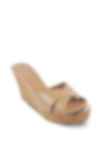 Beige Faux Leather Slip-On Wedges by Crimzon at Pernia's Pop Up Shop
