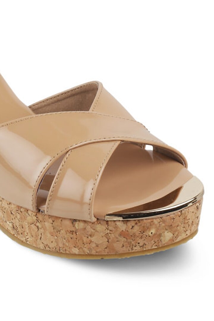 Beige Faux Leather Slip-On Wedges by Crimzon at Pernia's Pop Up Shop