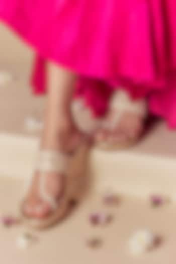 Ivory Gold Faux Leather Pearl Embellished Kolhapuri Wedges by Crimzon at Pernia's Pop Up Shop