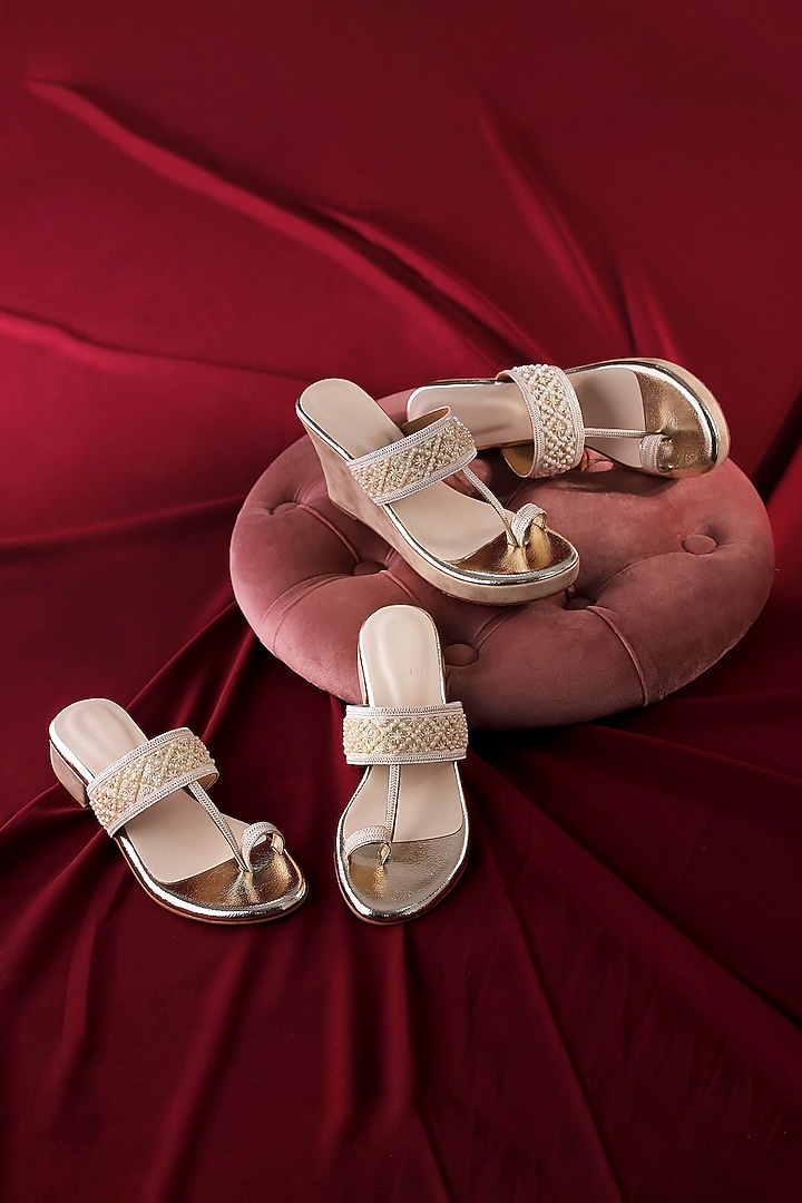 Ivory Gold Faux Leather Pearl Embellished Kolhapuri Wedges by Crimzon at Pernia's Pop Up Shop