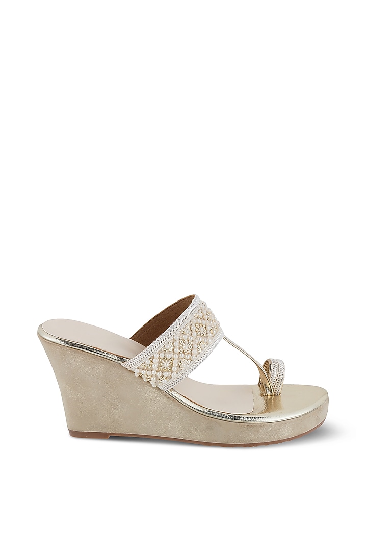Ivory Gold Faux Leather Pearl Embellished Kolhapuri Wedges by Crimzon at Pernia's Pop Up Shop