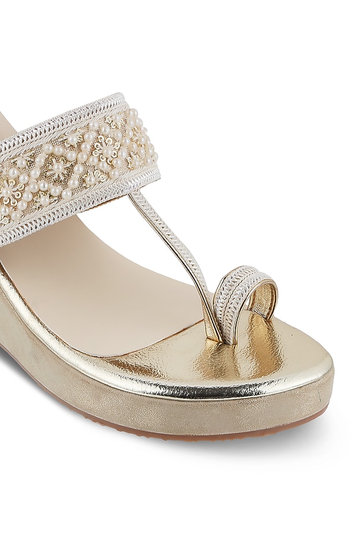 Ivory Gold Faux Leather Pearl Embellished Kolhapuri Wedges by Crimzon at Pernia's Pop Up Shop