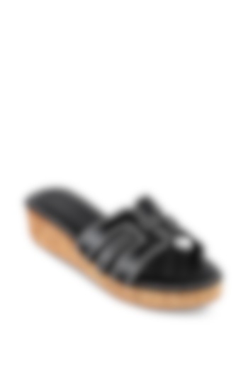 Black Faux Leather Embellished Slip-On Platform Heels by Crimzon at Pernia's Pop Up Shop