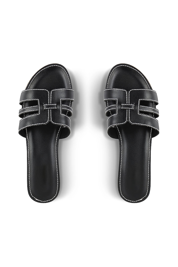 Black Faux Leather Embellished Slip-On Platform Heels by Crimzon at Pernia's Pop Up Shop