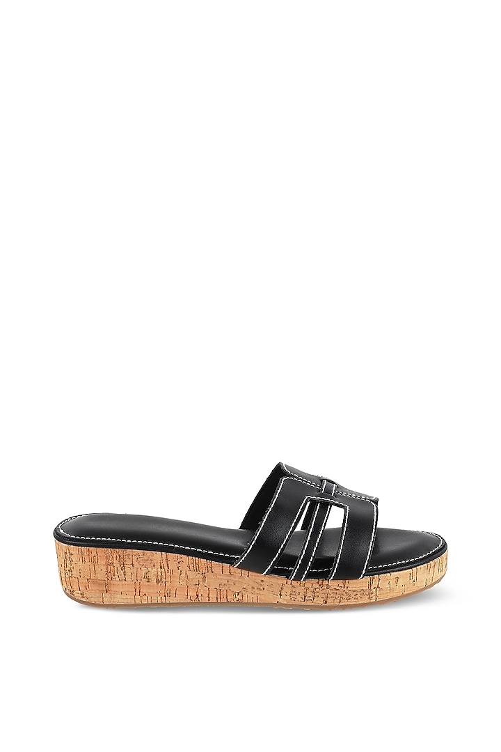 Black Faux Leather Embellished Slip-On Platform Heels by Crimzon at Pernia's Pop Up Shop