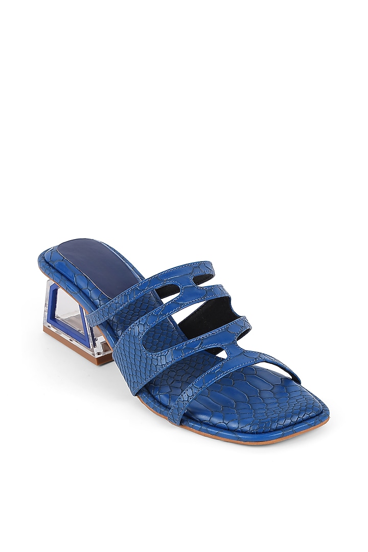 Blue Faux Leather Embellished Strappy Block Heels by Crimzon at Pernia's Pop Up Shop