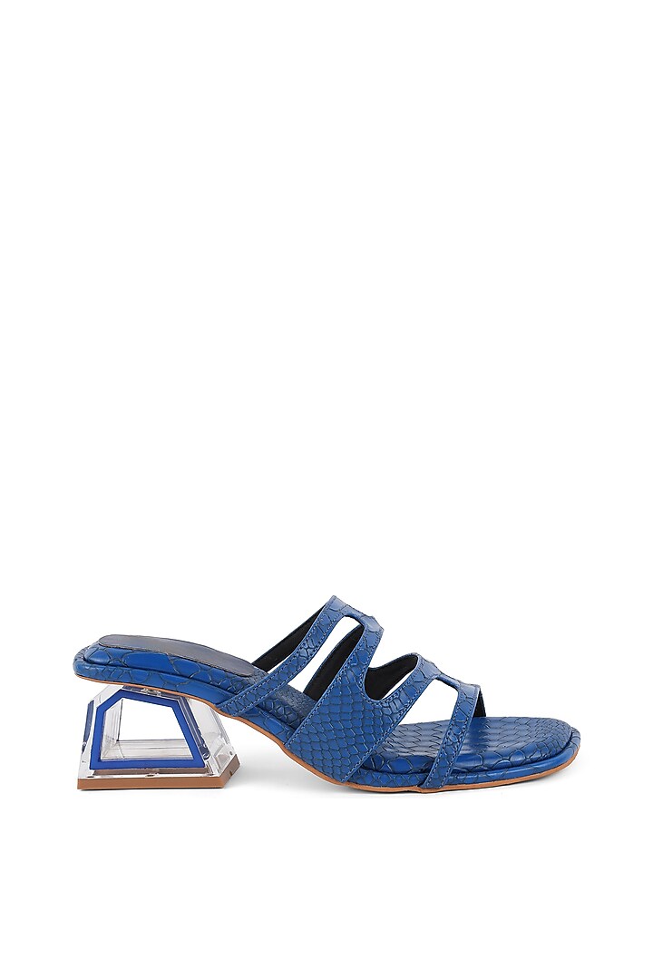 Blue Faux Leather Embellished Strappy Block Heels by Crimzon at Pernia's Pop Up Shop