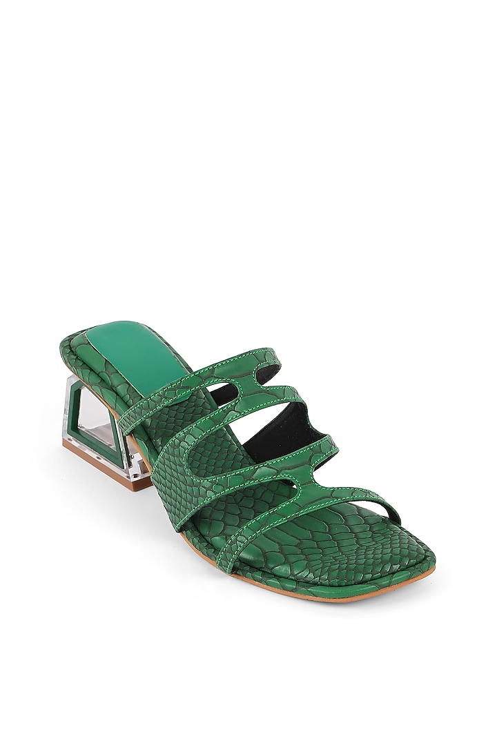 Green Faux Leather Embellished Strappy Block Heels by Crimzon at Pernia's Pop Up Shop