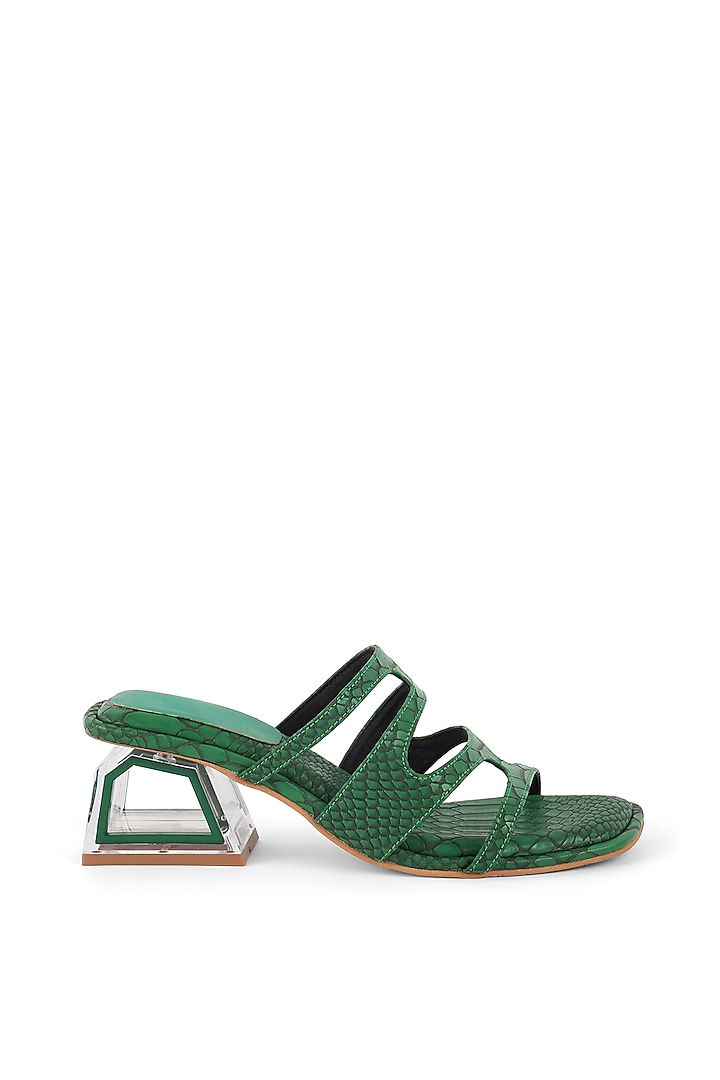 Green Faux Leather Embellished Strappy Block Heels by Crimzon at Pernia's Pop Up Shop