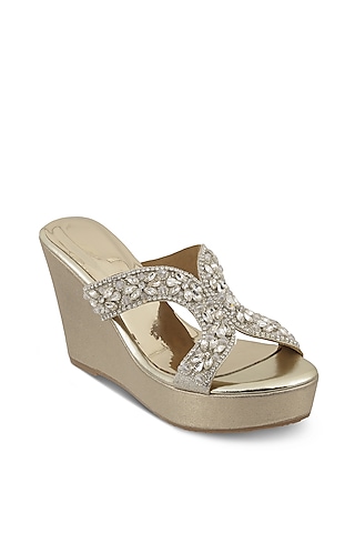 Light Gold Faux Leather Diamond Embellished Wedges by Crimzon