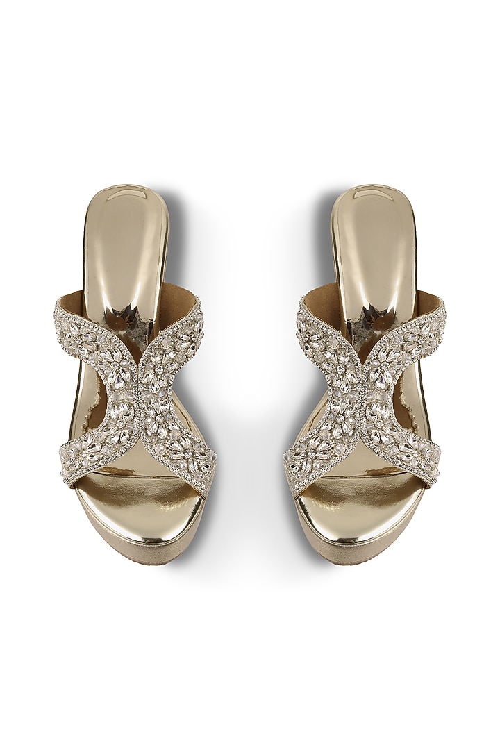 Light Gold Faux Leather Diamond Embellished Wedges by Crimzon at Pernia's Pop Up Shop