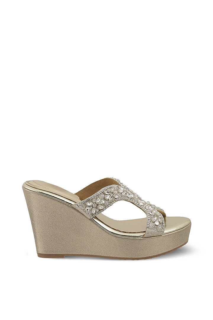 Light Gold Faux Leather Diamond Embellished Wedges by Crimzon at Pernia's Pop Up Shop