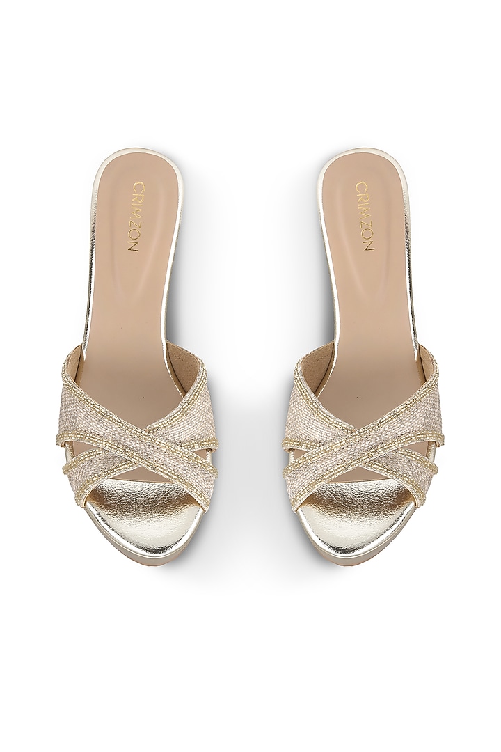 Gold Faux Leather Embroidered Wedges by Crimzon at Pernia's Pop Up Shop