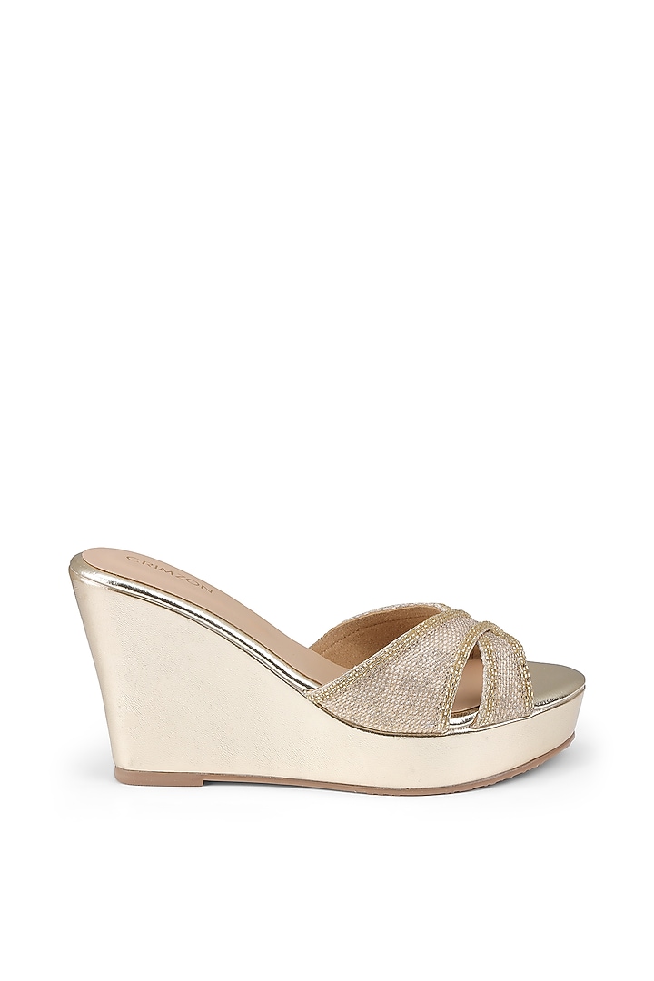 Gold Faux Leather Embroidered Wedges by Crimzon at Pernia's Pop Up Shop
