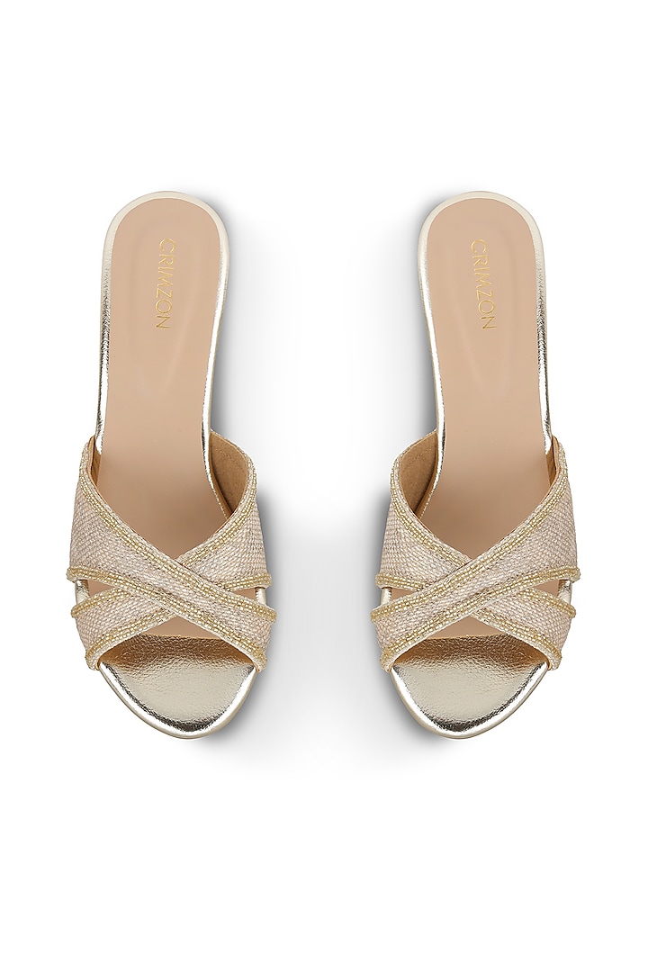 Gold Faux Leather Embroidered Wedges by Crimzon at Pernia's Pop Up Shop