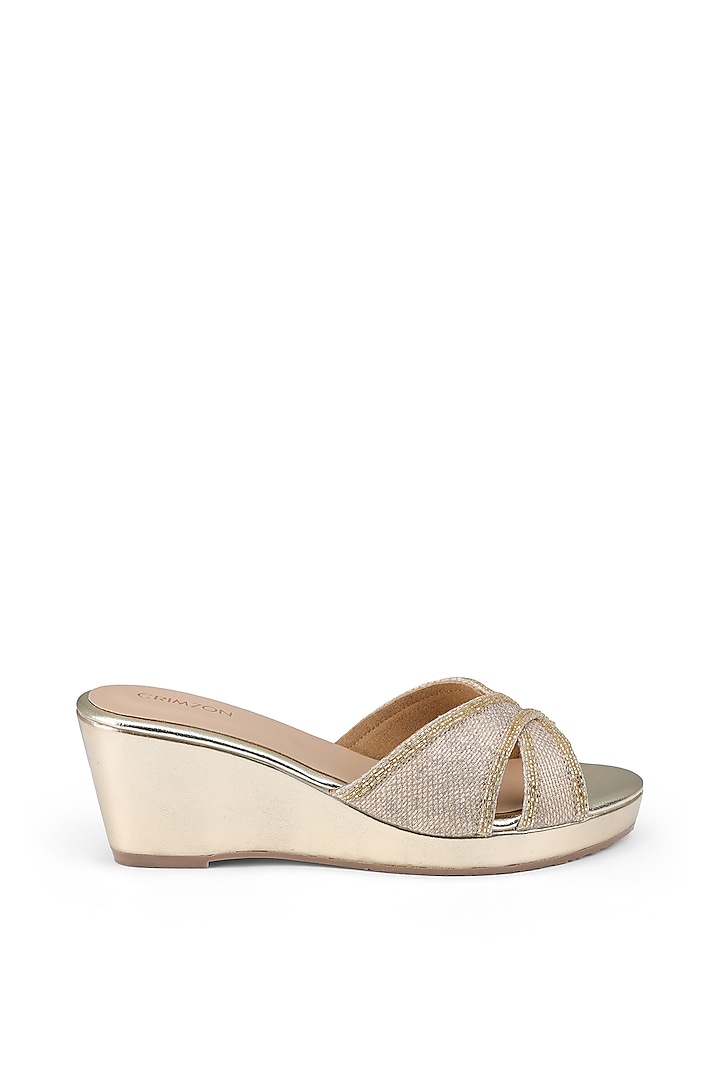 Gold Faux Leather Embroidered Wedges by Crimzon at Pernia's Pop Up Shop