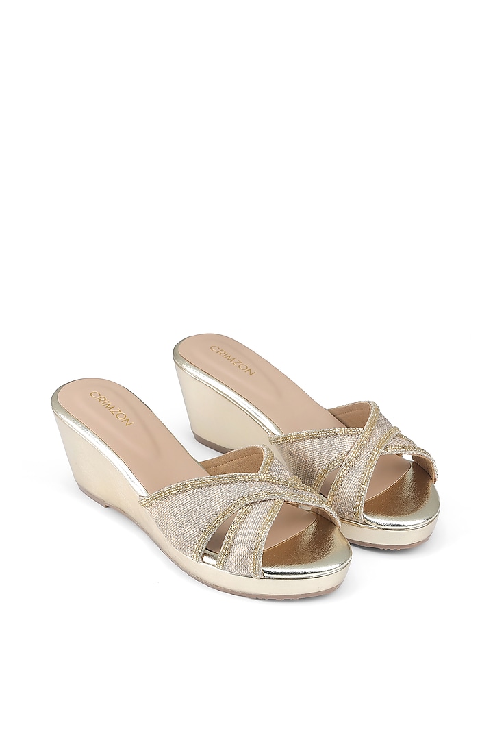 Gold Faux Leather Embroidered Wedges by Crimzon at Pernia's Pop Up Shop