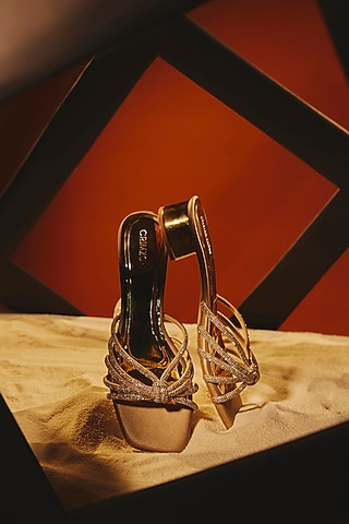 Antique Gold Faux Leather Block Heels by Crimzon