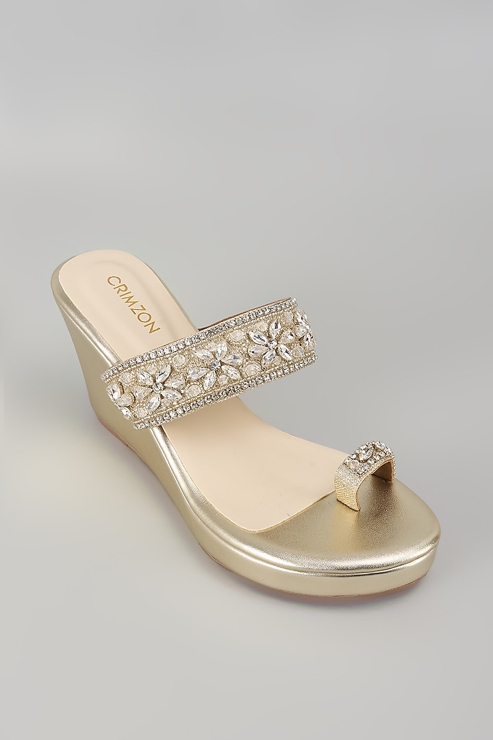 Gold Faux Leather Embellished Wedges by Crimzon at Pernia's Pop Up Shop