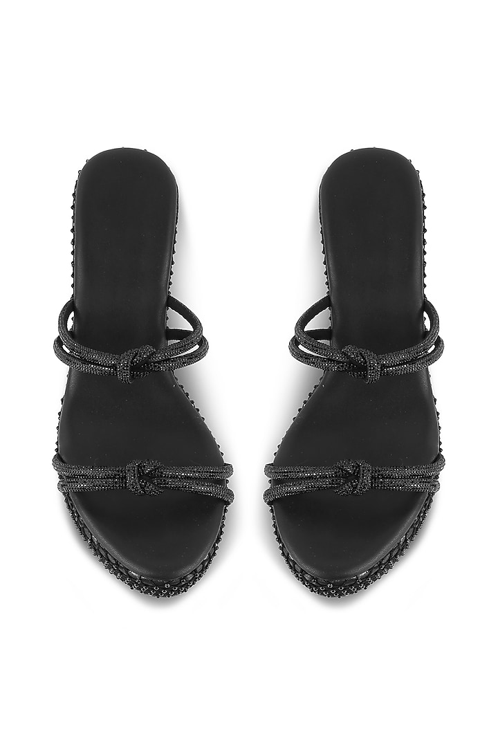 Black Faux Leather Embellished Wedges by Crimzon at Pernia's Pop Up Shop