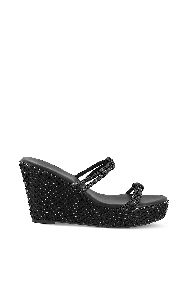 Black Faux Leather Embellished Wedges by Crimzon at Pernia's Pop Up Shop