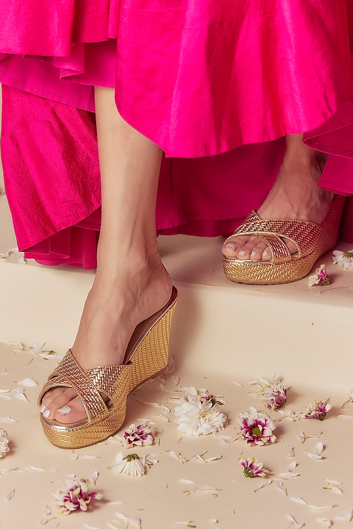 Gold Faux Leather Woven Wedges by Crimzon at Pernia's Pop Up Shop