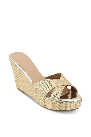 Gold Faux Leather Woven Wedges by Crimzon