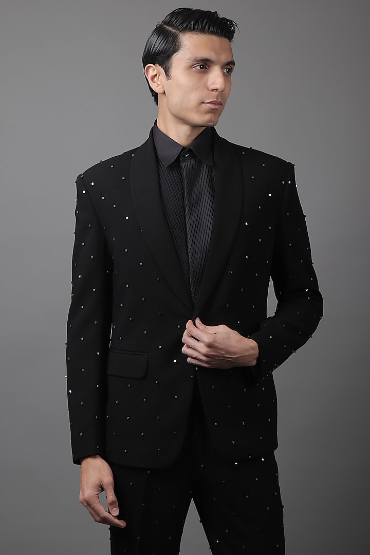 Black Suiting Tuxedo Set by Contrast By Parth at Pernia's Pop Up Shop