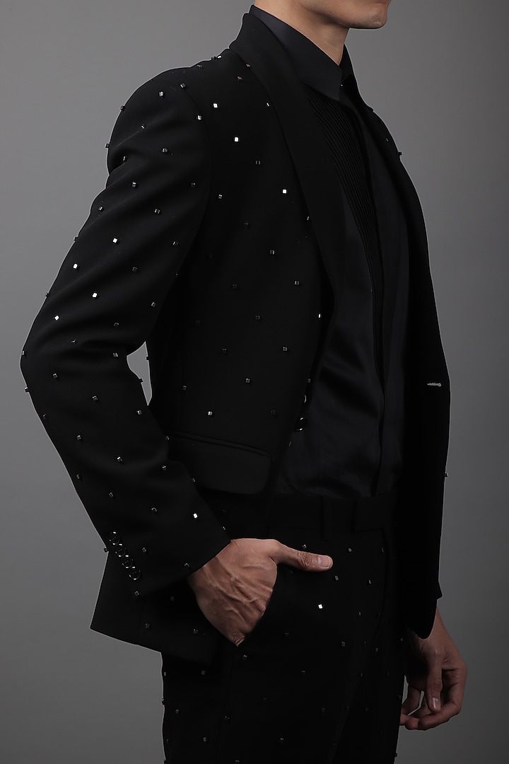 Black Suiting Tuxedo Set by Contrast By Parth at Pernia's Pop Up Shop