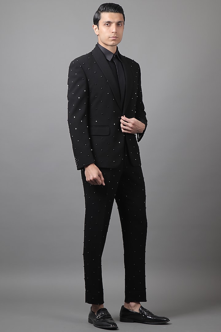 Black Suiting Tuxedo Set by Contrast By Parth at Pernia's Pop Up Shop