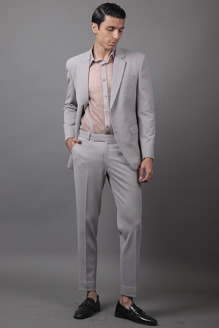 Grey Suiting Tuxedo Set by Contrast By Parth at Pernia's Pop Up Shop