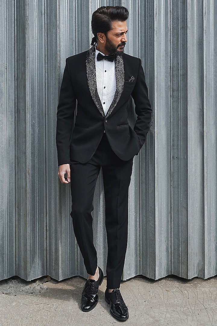 Black Italian Suiting Embellished Tuxedo Set by Contrast By Parth