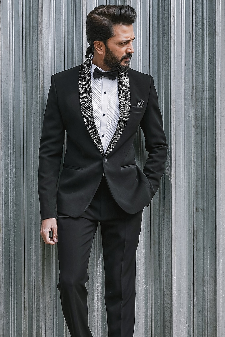 Black Italian Suiting Embellished Tuxedo Set by Contrast By Parth at Pernia's Pop Up Shop