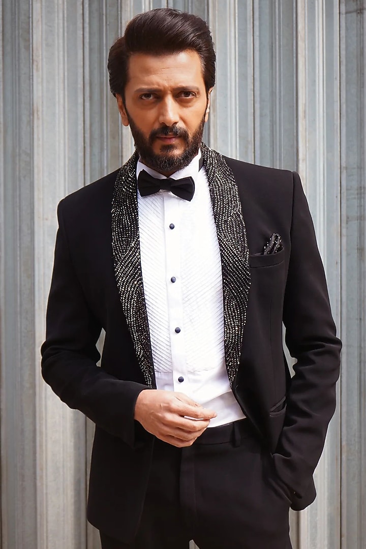Black Italian Suiting Embellished Tuxedo Set by Contrast By Parth at Pernia's Pop Up Shop