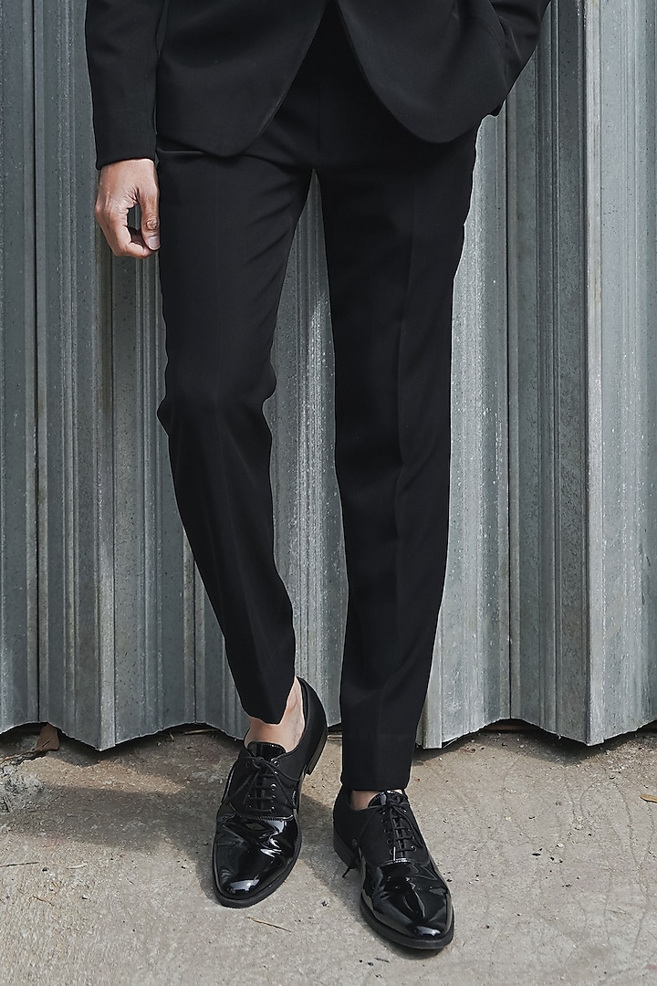 Black Italian Suiting Embellished Tuxedo Set by Contrast By Parth at Pernia's Pop Up Shop