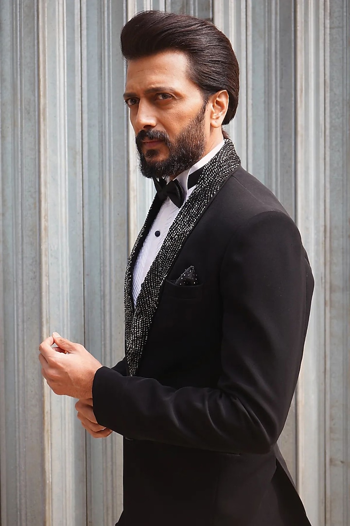 Black Italian Suiting Embellished Tuxedo Set by Contrast By Parth at Pernia's Pop Up Shop