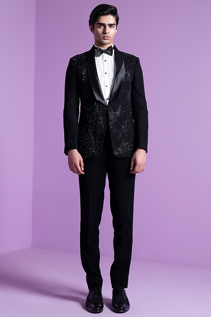 Black Italian Suiting Embroidered Tuxedo Set by Contrast By Parth
